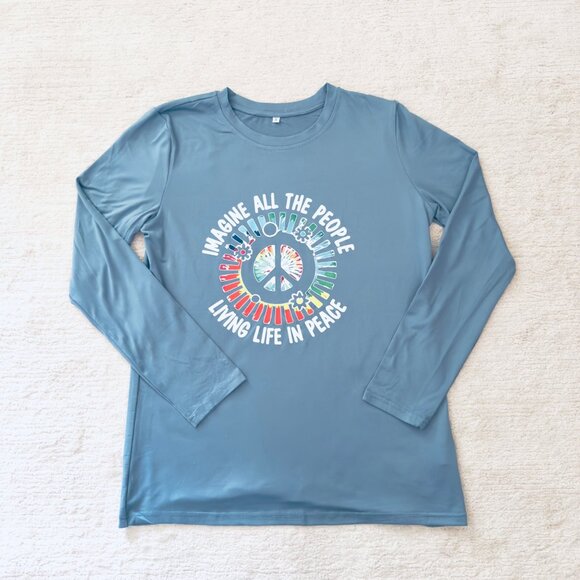 Imagine Peace Long Sleeve Top Size S Light Teal Blue Retro Musiccore Style - Picture 2 of 8